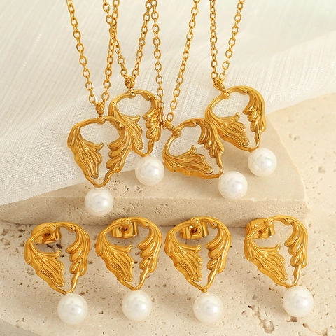 Gioielli Collana E Orecchini In Acciaio Inossidabile Con Perla Di Vetro Bianca Design A Foglia Alata Svuotata Stile Francese Elegante Donna
