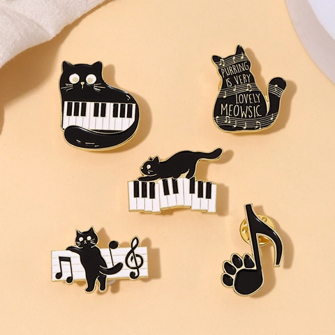 Épingles En Émail Chat Noir Mignon Note De Musique Thème Piano Broche En Alliage Badges Bijoux De Nouveauté