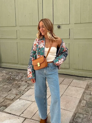 Women Quilted Jacket Patchwork Floral Print Long Sleeve Open Front Vintage Bohemian Lightweight Casual Outerwear Coat
