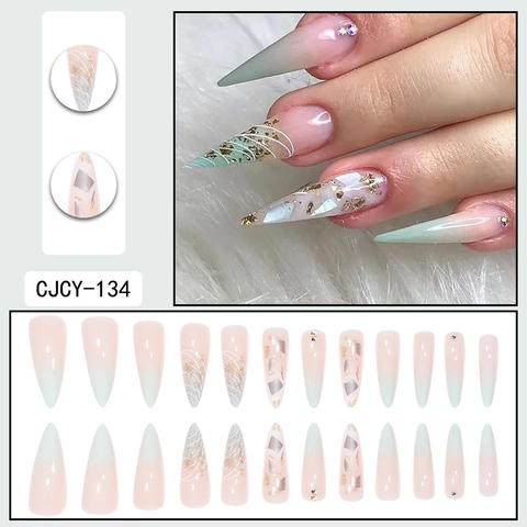 Stiletto Aufdrücknägel Lang Ombre Farbverlauf Künstliche Nägel Mit Strasssteinen Und Goldfolie Eleganter Glänzender Stil