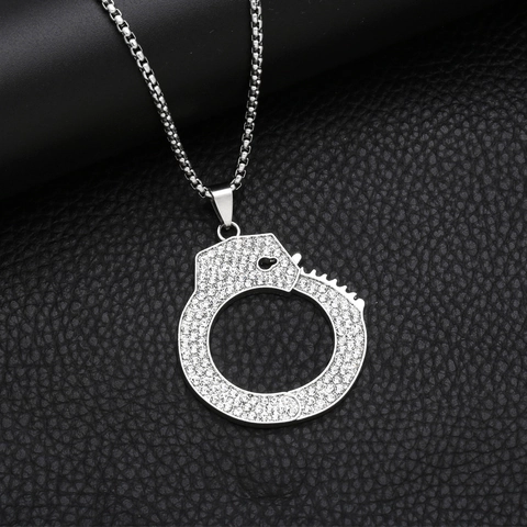 Handcuff Pendant Necklace With Rhinestone Alloy Pendant And Stainless Steel Box Chain Hip Hop Style For Men