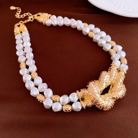 Layered Simulated Artificial Baroque Pearl Necklace With Gold Knotted Copper Centerpiece Retro Exaggerated Jewelry For Women