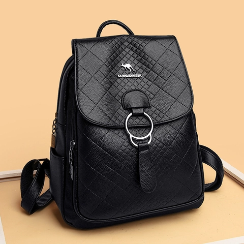 Dames Mode Rugzak PU Leder Ruitquilt Schooltas Voor Studenten Casual Reistas Met Metalen Ring Decoratie