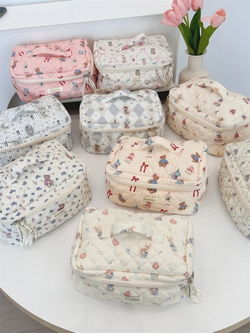 Trousse De Maquillage En Coton Matelassé Grande Capacité Sac Cosmétique Portable Pochette De Voyage Imprimé Dessin Animé