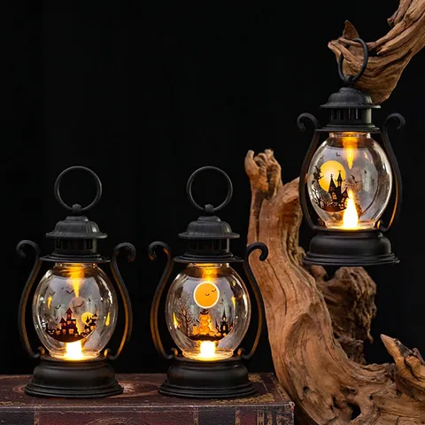 Halloween LED Lantern Portable Night Light Plastic Retro Decorative Prop For Party Atmosphere Kids Mystery Gift