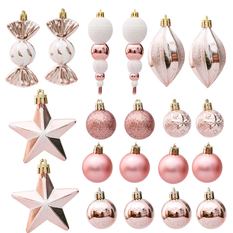 Roze Roségoud Kerstboomversiering Kunststof Glimmende Ballen Sterren Sneeuwpop Snoepjes Feestelijke Huis Vakantie Decoratie