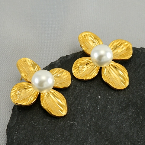 Vintage Französischer Stil Blumen Ohrstecker Edelstahl Mit Künstliche Perle Vergoldet Mode Schmuck Für Damen
