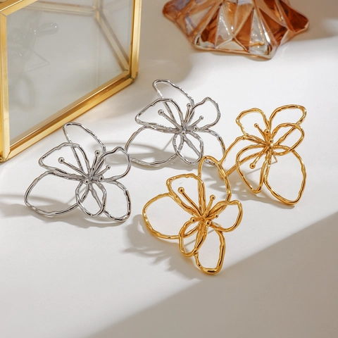 Hollow Flower Stud Earrings Stainless Steel 18K Gold Plated Abstract Geometric Floral Jewelry For Women Waterproof