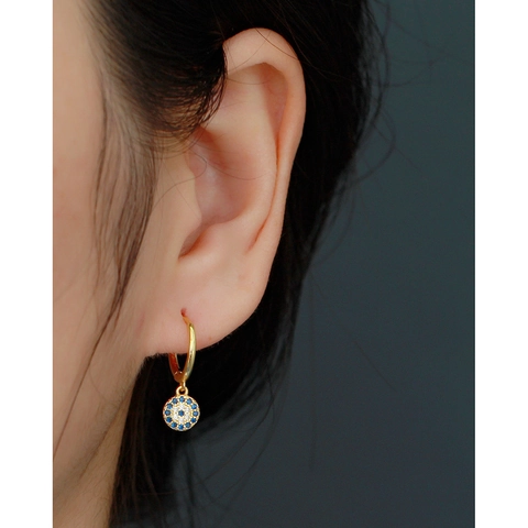 Evil Eye Hoop Earrings S925 Sterling Silver Blue White Zircon Geometric Dangle Women Fashion Jewelry