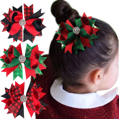 Navidad Lazos Pinzas Para El Cabello Cinta De Grosgrain Pedrería Reno Patrón Accesorios Festivos Para Niñas