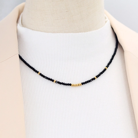 Minimalist Titanium Steel Faceted Black Rhinestone Beaded Necklace For Women Elegant Gold Beads Layering Choker Necklaces Jewelry Gift