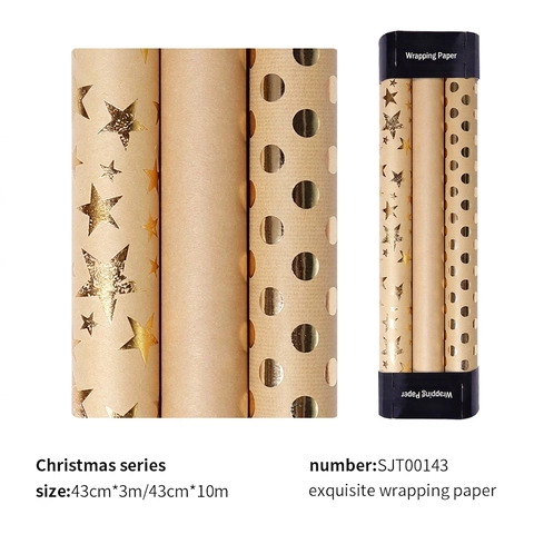Christmas Kraft Wrapping Paper Gold Stamping Stars Dots Pattern Brown Gift Wrap Roll For Holiday DIY Crafting Packaging