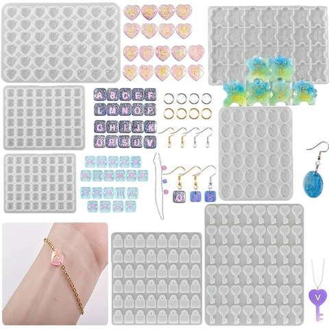 English Alphabet Letter Silicone Molds Resin Casting Epoxy DIY Jewelry Making Kit Heart Key Lock Pendant Earring Hooks