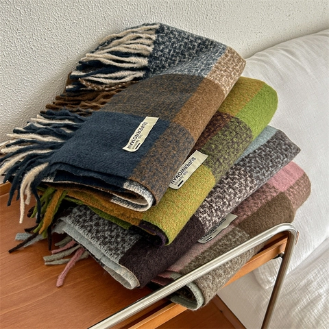 Women Winter Plaid Scarf Thick Warm Imitation Cashmere Shawl Long Fringe Tassels Vintage British Style Soft Wrap