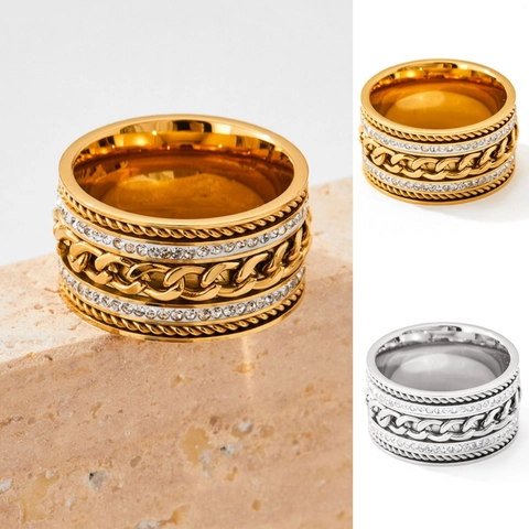 Stainless Steel Wide Ring Double Row Cubic Zirconia Inlaid Cuban Chain Twist Edge Multi Layer Jewelry For Women