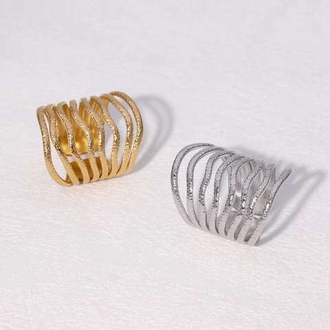 Ring Roestvrij Staal 18K Verguld Meerlaags Golfstructuur Verstelbaar Open Minimalistische Mode Sieraden Voor Vrouwen