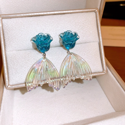 Blauwe Roos Bloem Zeemeerminstaart Hangoorbellen Met Acryl Legering En Zilveren Oorsteker Iriserende Elegante Sieraden Dames