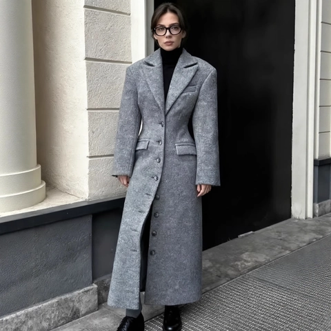 Eleganter Damen Wollmischung Mantel Einreihig Schmale Passform Reverskragen Lässiger Wintermantel Mode Oberbekleidung
