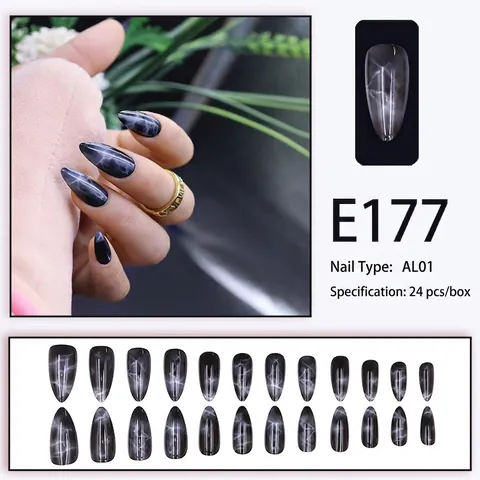 Faux Ongles À Presser Motif Marbre Sombre Brillant Forme Amande Dégradé Gris Noir Pour Femmes