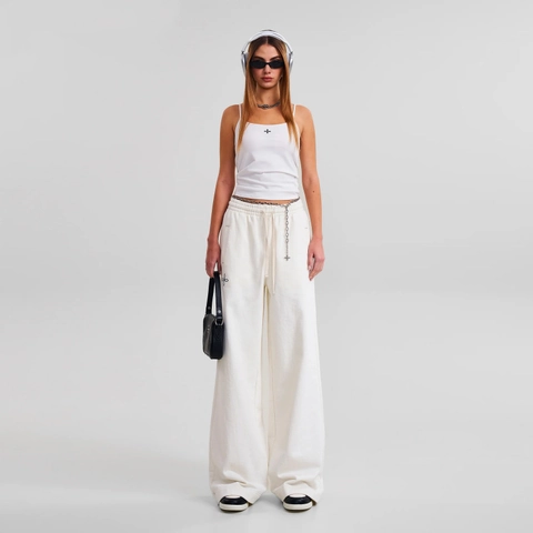 Weit Geschnittene Jogginghose Baumwolle Elastischer Bund Kordelzug Kreuz Stickerei Streetwear Casual Lose Lange Hose