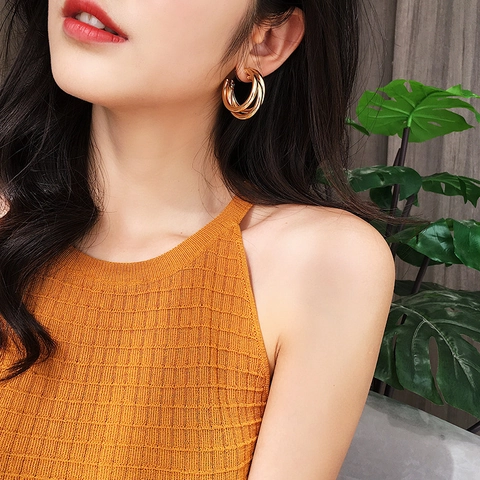 Retro Triple Layer Hoop Earrings With 925 Sterling Silver Earring Post Vintage Glossy Metal Jewelry For Women