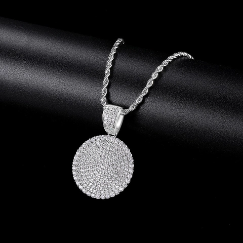 Collana con Ciondolo Rotondo Hip Hop Iced Out Ottone Zirconia Micro Pave Medaglione Circolare Oro Argento Uomo Donna