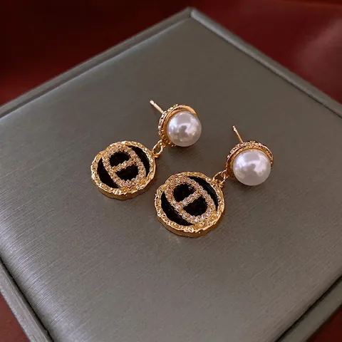 Orecchini Künstliche Perle Con Perno Argento Rame Placcato Oro Smalto Pendente Rotondo Zircone Acrilico Elegante Vintage Gioielli