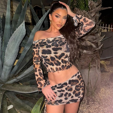 Sexy Luipaardprint Mesh Crop Top Lange Mouwen Off Shoulder En Minirok Met Trekkoord Geplooide Dames Outfit