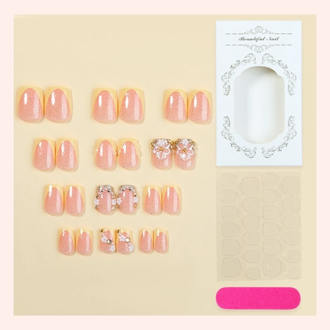 Uñas Postizas Degradado Rosa Con Flores 3D Diamantes De Imitación Perlas Artificiales Forma Coffin Corta Estilo Francés Dulce Mujer