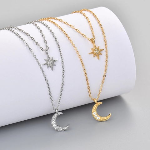 Layered Star And Moon Pendant Necklace Copper Micro Zirconia Inlaid Elegant Light Luxury Jewelry For Women