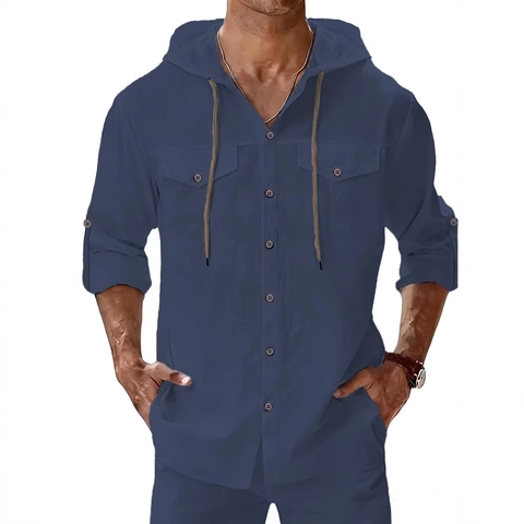 Men Casual Hooded Shirt Cotton Linen Blend Long Sleeve Button Down Top With Pockets Breathable Solid Color Resort Shirt