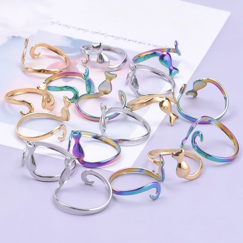 Minimalistische Kat Silhouette Open Ring Roestvrij Staal Verstelbaar Verguld Sieraden Voor Dames Heren