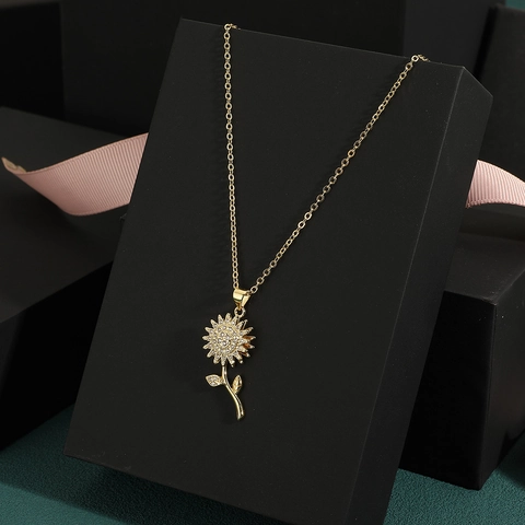 Zonnebloem Hanger Ketting Koper Zirkonia Verguld Roterende Bloem Zoete Sieraden Accessoires Voor Vrouwen