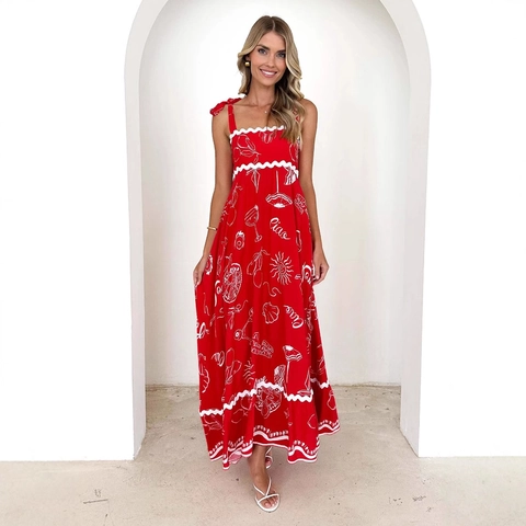 Women Summer Floral Maxi Dress Sleeveless Tie Straps Scalloped Trim Polyester Vacation Beach Style Red White Art Print