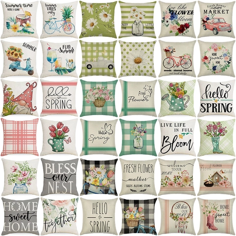 Linen Throw Pillow Cover Floral Gingham Checkered Cushion Case Square Hidden Zipper For Sofa Couch Living Room Farmhouse Decor