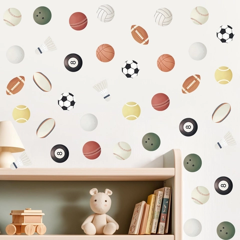 Adesivi Murali Palloni Sportivi Boho Per Cameretta Bambini Calcio Basket Tennis Bowling Biliardo PVC Autoadesivi Decorazione Per Asilo