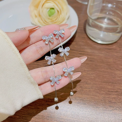 Elegantes Pendientes de Gota con Borla de Lazo para Mujer Cobre Circonia Perla Artificial Pendientes Largos Poste Plata 925