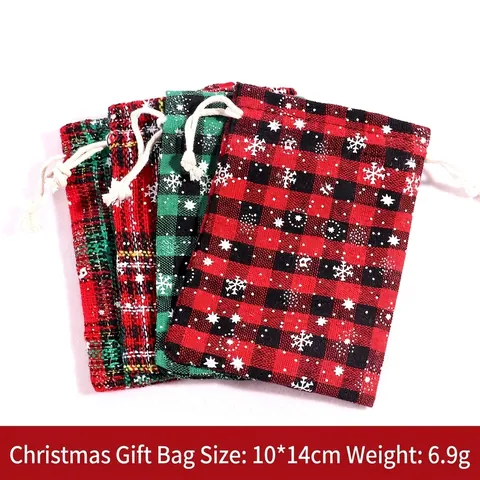 Christmas Plaid Gift Bags Snowflake Drawstring Pouches Cotton Linen Festive Candy Jewelry Packaging Party Favor Bags