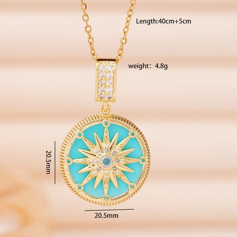Octagram Compass Round Pendant Necklace Copper 18K Gold Plated Enamel Zircon Vintage Elegant For Women