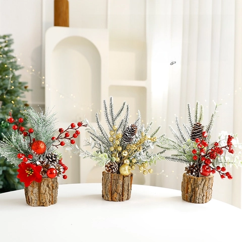 Mini Sapin De Noël Artificiel Décoration De Table Enneigé Base En Bois Pommes De Pin Baies Rouges Or Fleur
