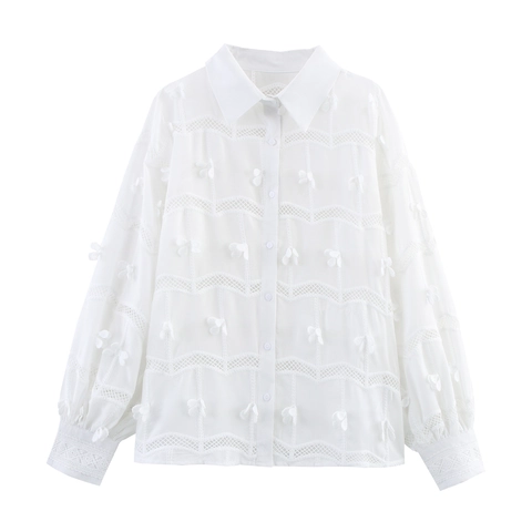 Franse Stijl Vrouwen Witte Lange Mouwen Blouse Borduurwerk Kant Holle 3D Bloem Losse Omvouwkraag Zoete Shirt