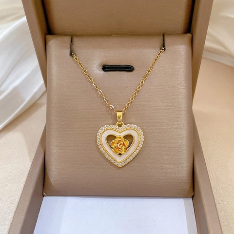 Collier Pendentif Rose Coeur Chaîne Acier Inoxydable Cuivre Zircon Émail Blanc Bijoux Élégants Pour Femmes