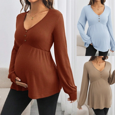 Maternity Ribbed Knit Top V Neck Long Sleeve Peplum Button Decor Solid Color Pregnancy Blouse Shirt Casual For Women