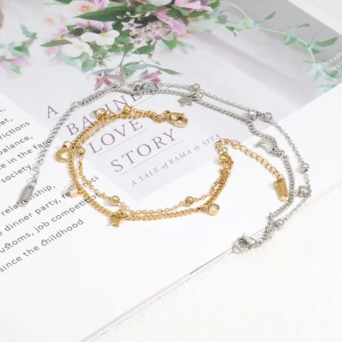 Bracciale a Doppio Strato in Acciaio al Titanio con Stella e Luna e Ciondolo in Strass Gioielli Eleganti da Donna Oro Argento