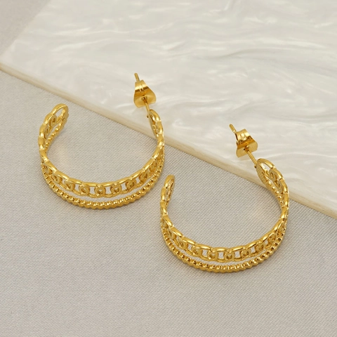 Stainless Steel C Shaped Hoop Earrings For Women Double Layer Hollow Chain Beaded Geometric Gold Plated Minimalist