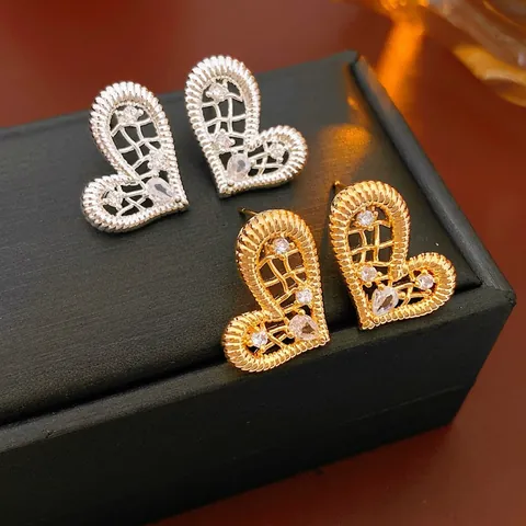 Heart Stud Earrings Copper Zircon Hollow Woven Mesh Luxury Style For Women With Silver Earring Post