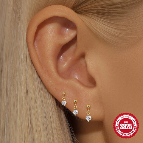 Gold Plated Stud Earrings With 925 Sterling Silver Earring Post Zirconia Four Prong Minimalist Jewelry For Women