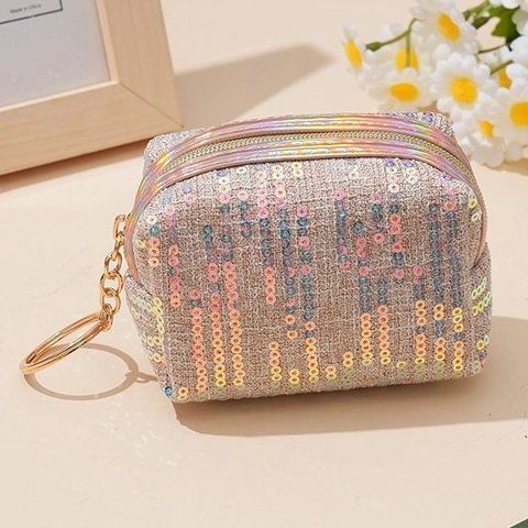 Mini Monedero De Lentejuelas Bolsa De Almacenamiento Para Lápiz Labial Auriculares Con Llavero Dorado Cremallera Elegante
