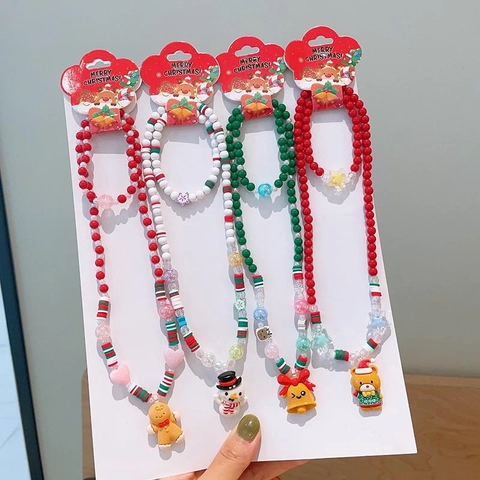 Christmas Jewelry Beaded Necklace And Bracelet Cartoon Santa Claus Reindeer Resin Beads Holiday Party Gift For Girls Kids