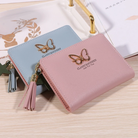 Women Short Wallet PU Leather Butterfly Buckle Tassel Zipper Multi Card Slots Simple Korean Style Fashion Minimalist Purse